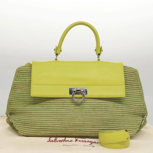 Salvatore Ferragamo Sofia Gancini Hand Bag Straw Leather 2way Green Auth 103207V - Picture 13 of 16